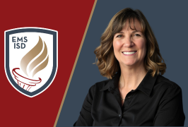  A woman smiling, a blue background, a gold back slash, EMS ISD logo, red background